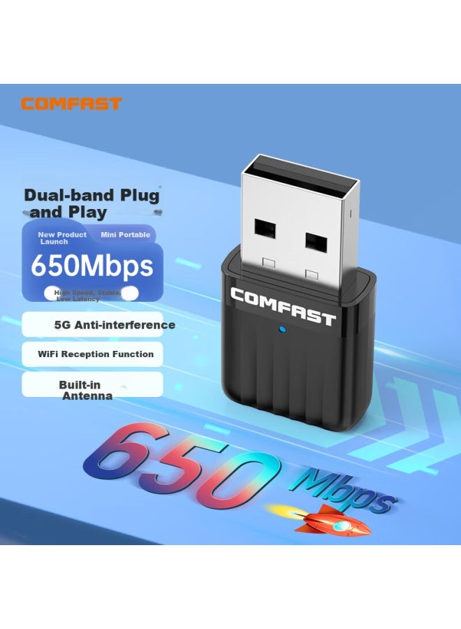 Comfast Plug And Play Usb Wireless Network Card Desktop Computer External Wifi Receiver 5g Dual Band 650m Mini Invisible Transmitter Cf-811ac V3 Ac650