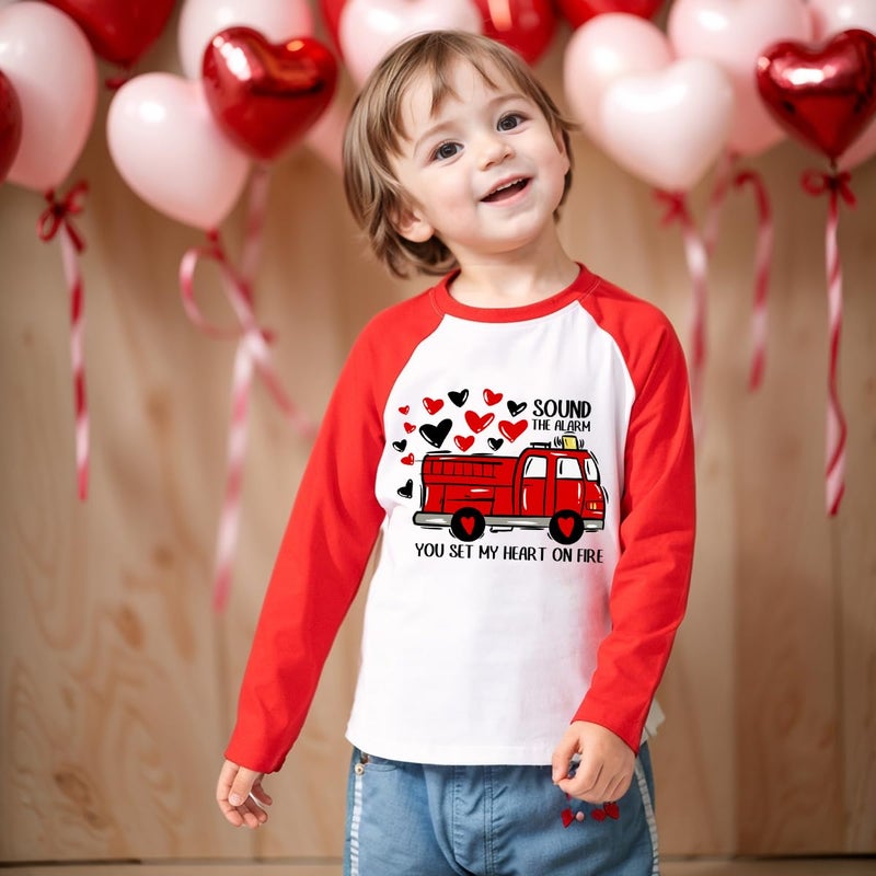 Geoyune Boys Valentines Shirt Toddler Girl Valentine's Raglan Fire Truck Long Sleeve Tee Tops Clothes 3T - Image 2