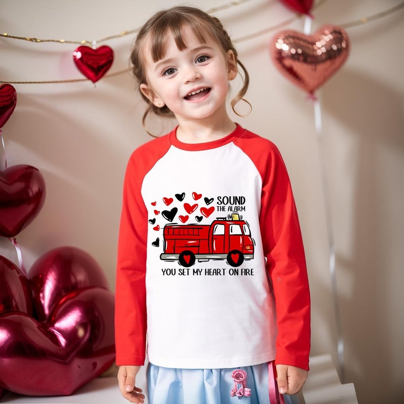Geoyune Boys Valentines Shirt Toddler Girl Valentine's Raglan Fire Truck Long Sleeve Tee Tops Clothes 3T - Image 4