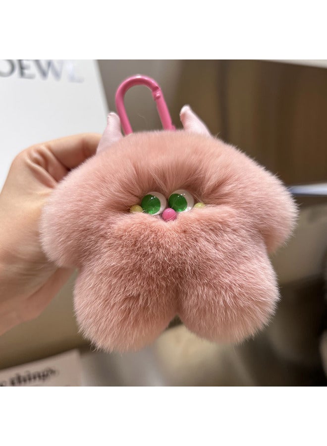 Cute Rex Rabbit Fur Calf Car Keychain I Pendant Ins Plush Doll Doll Bag Hanging Birthday Gift-Color:Bean Paste Powder - Image 1