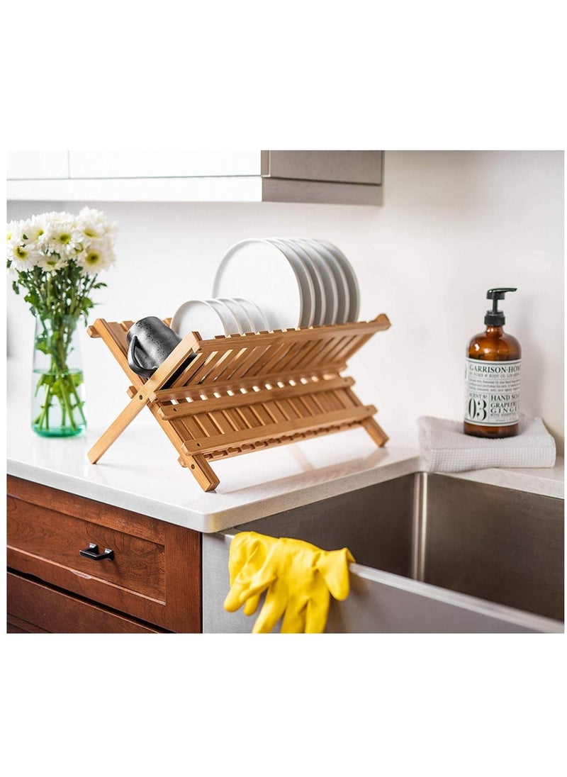 Folding Bamboo Dish Drying Rack 2 Tier Dish Drying Rack for Kitchen Countertop