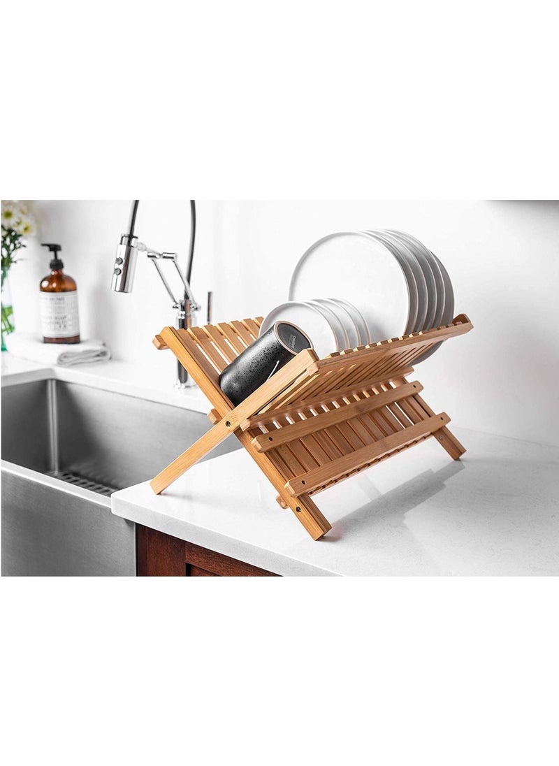 Folding Bamboo Dish Drying Rack 2 Tier Dish Drying Rack for Kitchen Countertop
