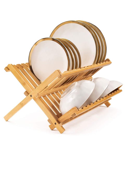 Folding Bamboo Dish Drying Rack 2 Tier Dish Drying Rack for Kitchen Countertop