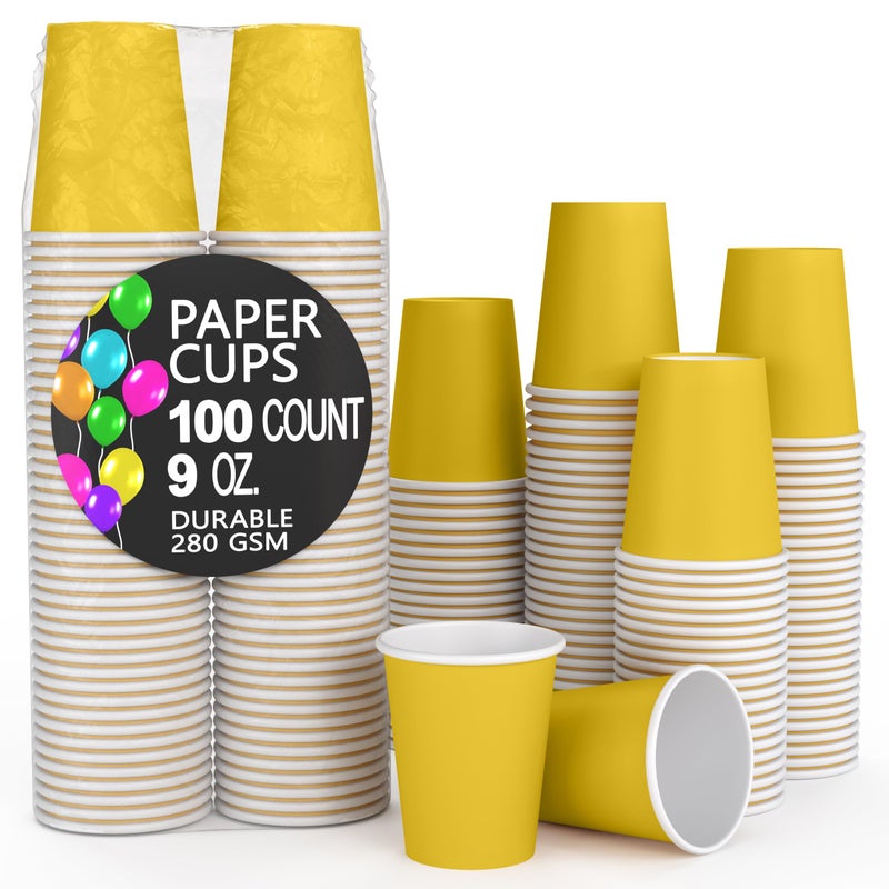 Party Solids Yellow Paper Cups 9 oz Durable Disposable Cups 100 Paper Tumblers for Hot Drinks and Cold Drinks Thick 280 GSM Hot Cup for Tea Coffee Cup To Go Fun Colors for Parties Events