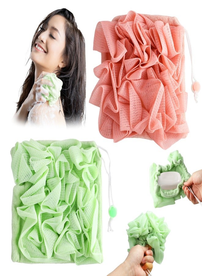 ROBOHOOK 2 PCS Soap Bar Loofah, 2 in 1 Loofah Washcloth Combo, Bath Sponge with Drawstring, That Holds Bar Soap,for Cleansing and Smooth Skin (Pink, Green) - Image 1