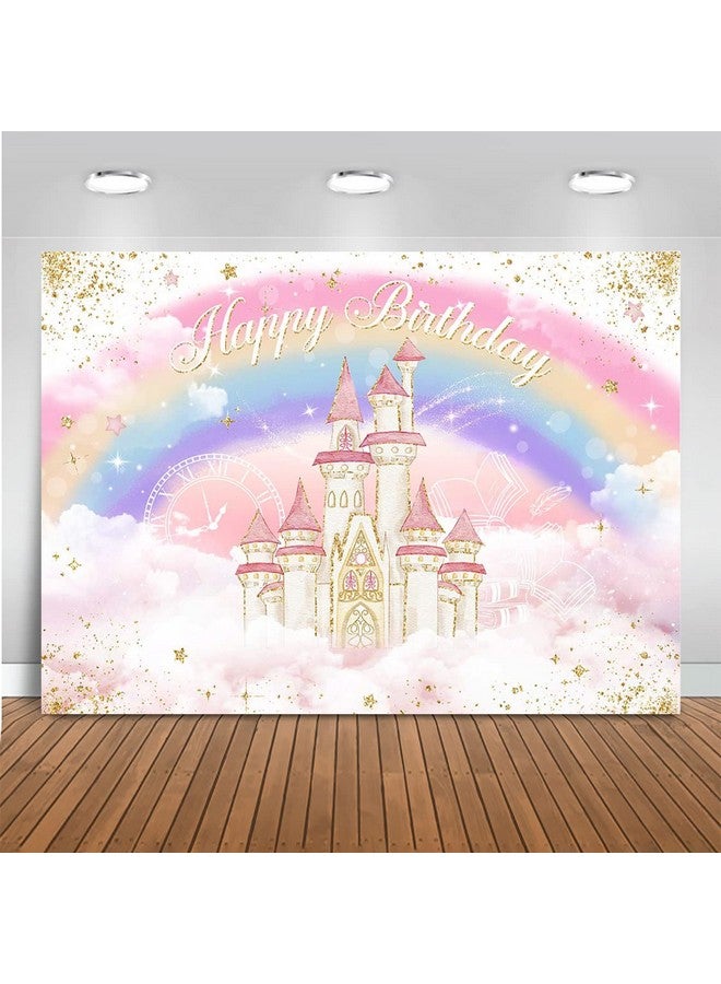 Mocsicka خلفية عيد ميلاد قلعة الأميرة بالألوان المائية بألوان الباستيل قوس قزح لخلفيات تصوير عيد الميلاد مع لمسات من الذهب لزينة حفلة عيد ميلاد الأميرة الملكية لافتة طاولة الكعكة (وردي 7X5 قدم (82X60 بوصة)) - Image 1
