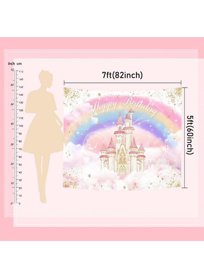Mocsicka خلفية عيد ميلاد قلعة الأميرة بالألوان المائية بألوان الباستيل قوس قزح لخلفيات تصوير عيد الميلاد مع لمسات من الذهب لزينة حفلة عيد ميلاد الأميرة الملكية لافتة طاولة الكعكة (وردي 7X5 قدم (82X60 بوصة)) - Image 5