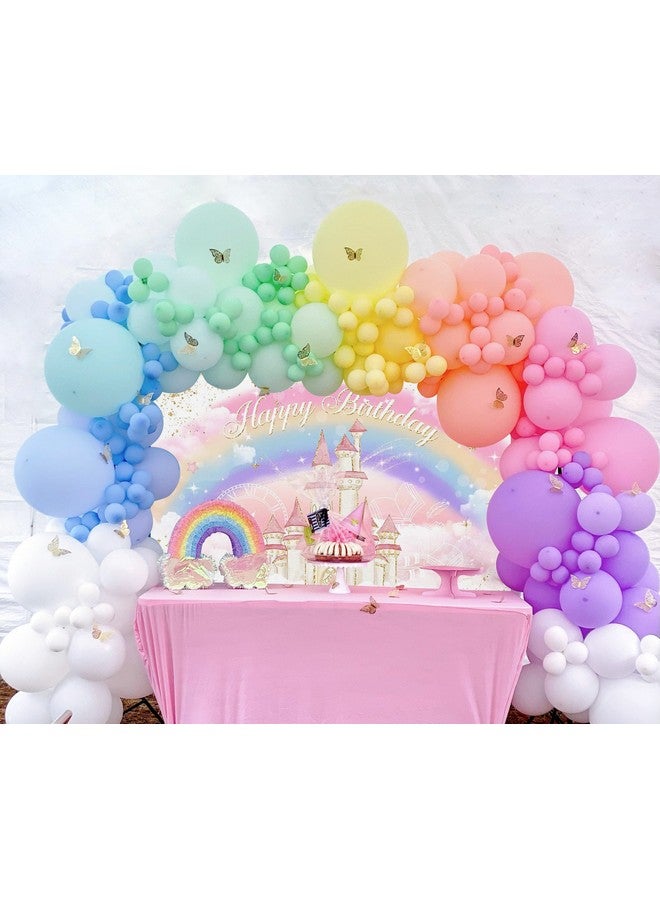 Mocsicka خلفية عيد ميلاد قلعة الأميرة بالألوان المائية بألوان الباستيل قوس قزح لخلفيات تصوير عيد الميلاد مع لمسات من الذهب لزينة حفلة عيد ميلاد الأميرة الملكية لافتة طاولة الكعكة (وردي 7X5 قدم (82X60 بوصة)) - Image 3