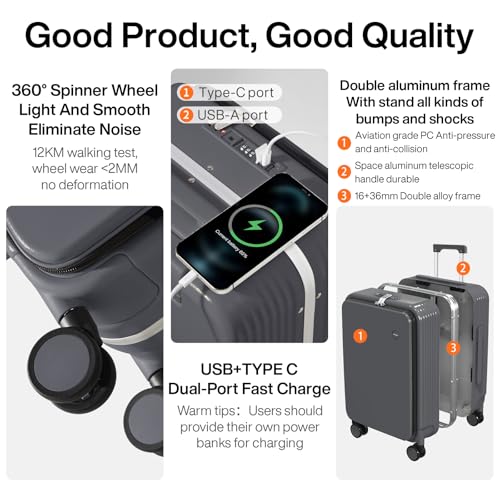 mixi Carry On Luggage with Cup Phone Holder and Charger Hard Shell Suitcases with Spinner Wheels,20 Inch Rock Gray - Image 5