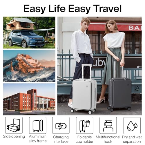 mixi Carry On Luggage with Cup Phone Holder and Charger Hard Shell Suitcases with Spinner Wheels,20 Inch Rock Gray - Image 2