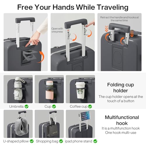 mixi Carry On Luggage with Cup Phone Holder and Charger Hard Shell Suitcases with Spinner Wheels,20 Inch Rock Gray - Image 3