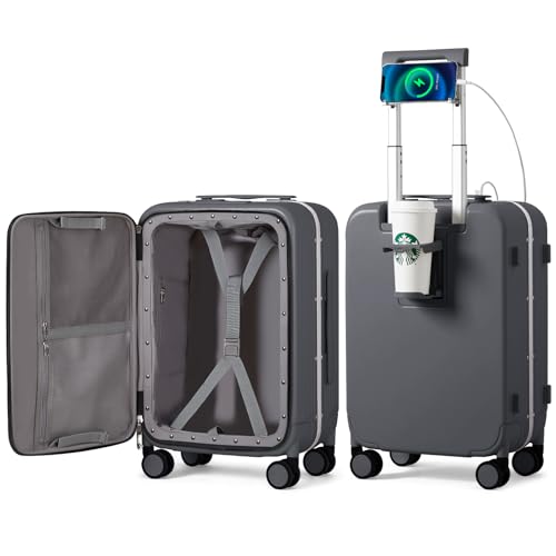 mixi Carry On Luggage with Cup Phone Holder and Charger Hard Shell Suitcases with Spinner Wheels,20 Inch Rock Gray - Image 1