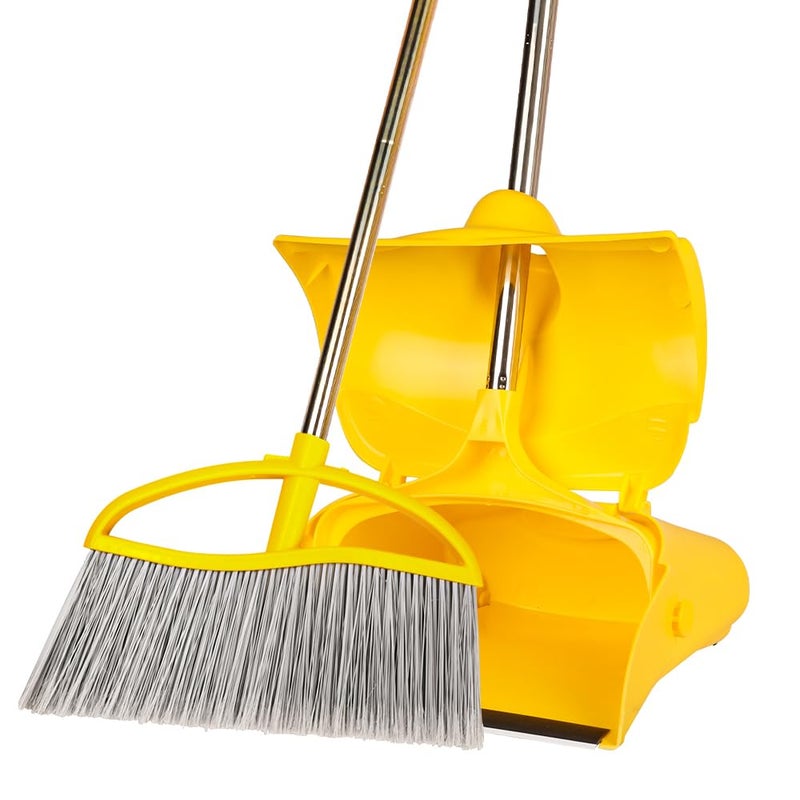 Dodifker Long Handle Heavy Duty Broom and Dustpan Set, Outdoor and Commercial Upright Dustpan and Brush for Restaurant Garage Garden Yard Office, Yellow - Image 1