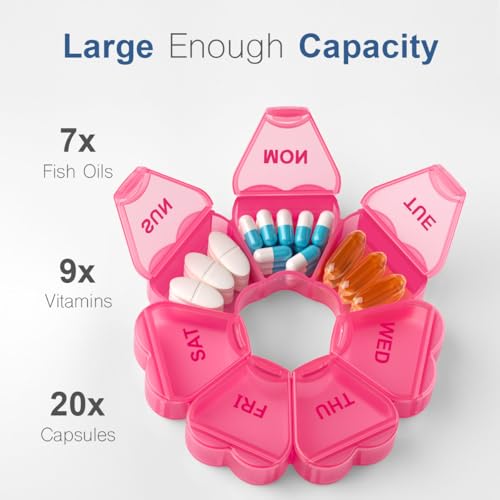 KAPENS Large Weekly Pill Organizer, Pill Box 7 Day, KAPENS Daily Vitamin Case Large Capacity Compartments, Pill Containers for Fish Oil Medicine Supplements, Red - Image 2