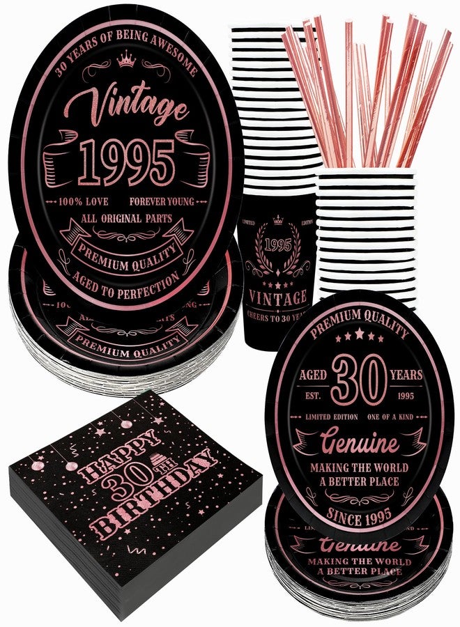Recheel 30th Birthday Decorations for Women, Vintage 1995 Disposable Paper Plates and Napkins with 9oz Cups, Straws Party Supplies for Her 120Pcs Serves 24 Guests - Image 1
