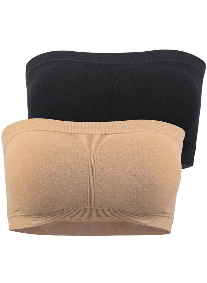 Glamroot Women's Strapless Seamless Padded Bandeau Tube Top Bra, Removable Pads, Black/Beige, Size S - 2XL - Image 2