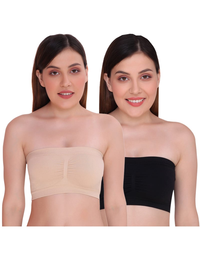 Glamroot Women's Strapless Seamless Padded Bandeau Tube Top Bra, Removable Pads, Black/Beige, Size S - 2XL - Image 1