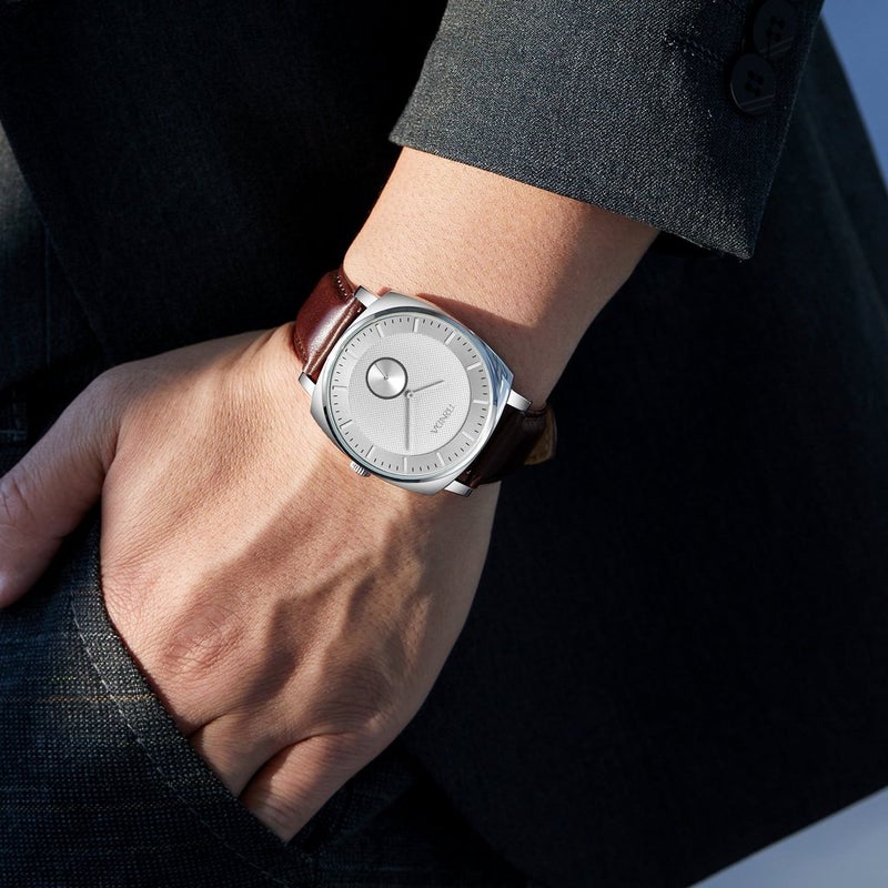 ترندا ساعة TRNDA مربعة كلاسيك 45 مم للرجال من الفولاذ المقاوم للصدأ - سوار جلدي بني ومينا أبيض - Image 2