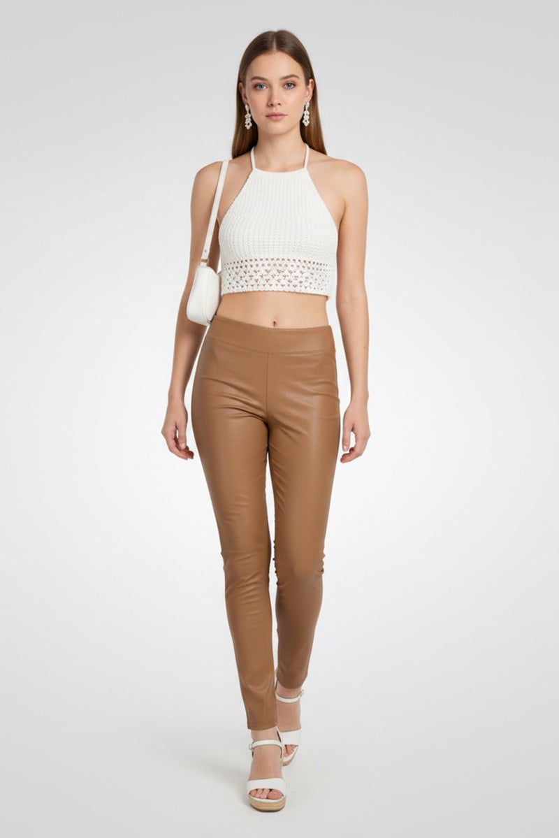 INC Women Petite Plain Pull On Faux-Leather Pants, Tan - Image 1