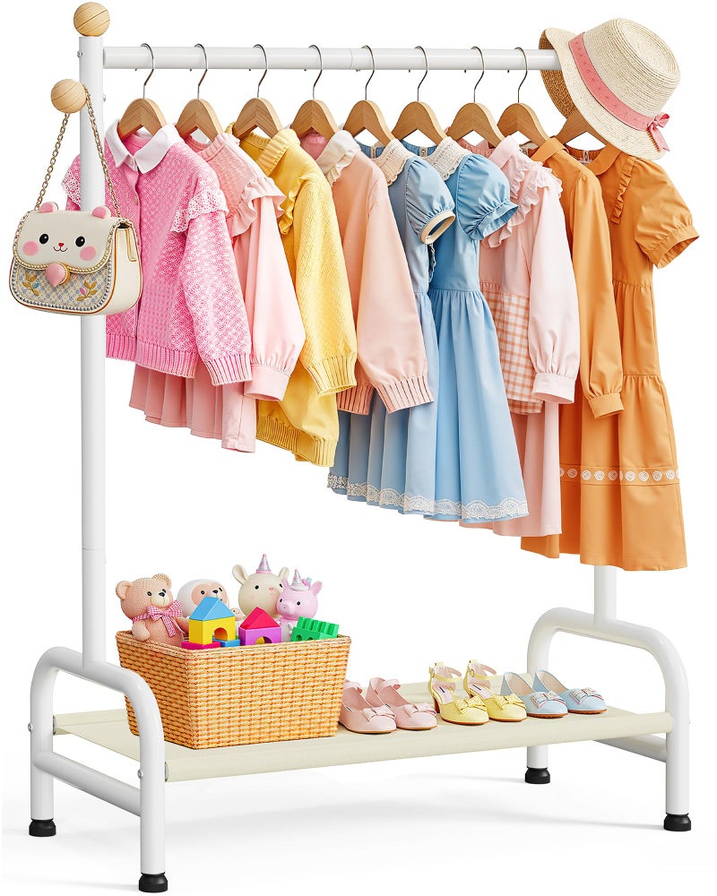 Sakugi Clothes Rack - Sturdy Metal Kids Clothing Rack with Bottom Storage Shelf & Adjustable Feet, Dress Up Storage for Toddler's Bedrooms, Nurseries, Playrooms, 31" x 12.5" x 47.8", White - Image 1