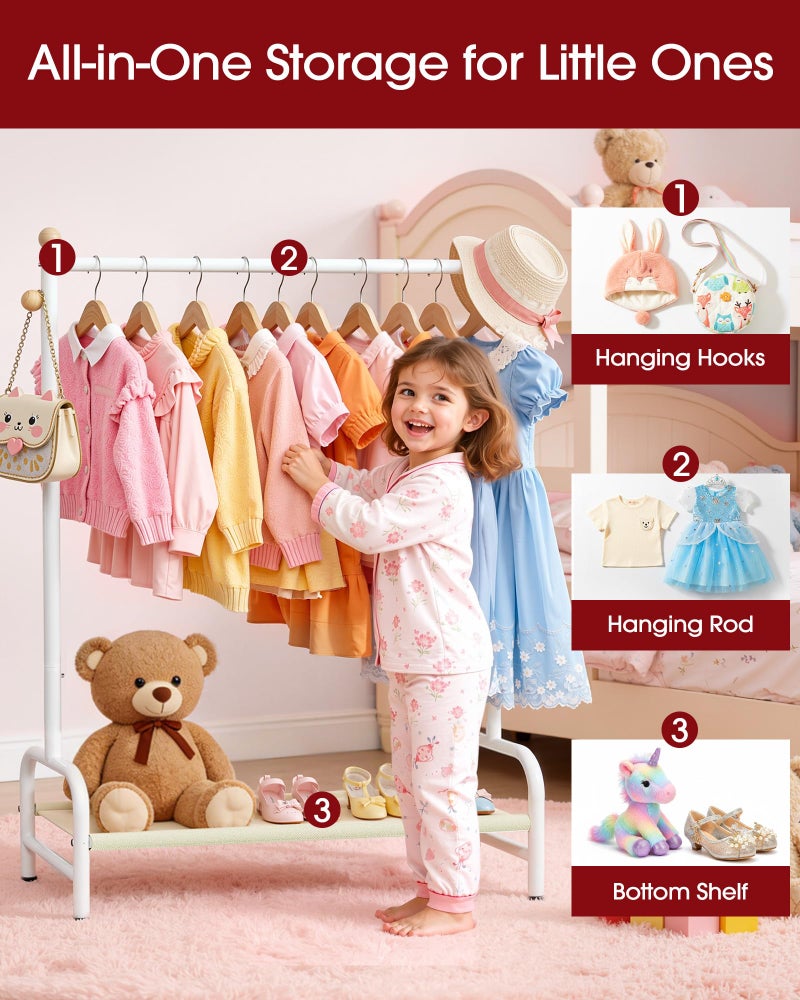 Sakugi Clothes Rack - Sturdy Metal Kids Clothing Rack with Bottom Storage Shelf & Adjustable Feet, Dress Up Storage for Toddler's Bedrooms, Nurseries, Playrooms, 31" x 12.5" x 47.8", White - Image 2