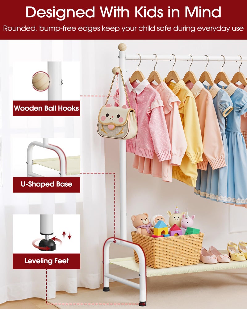 Sakugi Clothes Rack - Sturdy Metal Kids Clothing Rack with Bottom Storage Shelf & Adjustable Feet, Dress Up Storage for Toddler's Bedrooms, Nurseries, Playrooms, 31" x 12.5" x 47.8", White - Image 3