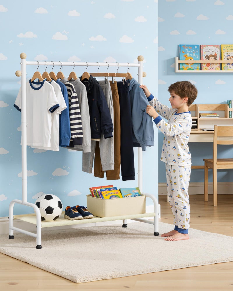 Sakugi Clothes Rack - Sturdy Metal Kids Clothing Rack with Bottom Storage Shelf & Adjustable Feet, Dress Up Storage for Toddler's Bedrooms, Nurseries, Playrooms, 31" x 12.5" x 47.8", White - Image 5