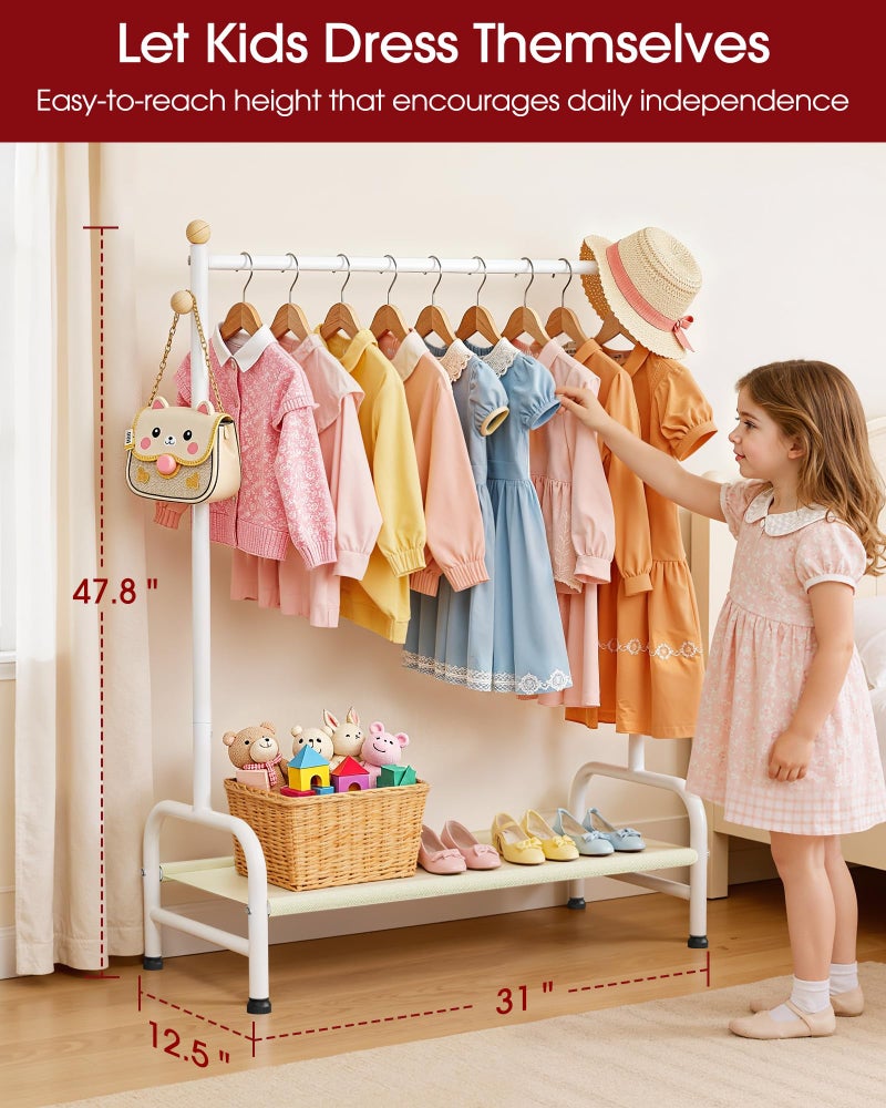 Sakugi Clothes Rack - Sturdy Metal Kids Clothing Rack with Bottom Storage Shelf & Adjustable Feet, Dress Up Storage for Toddler's Bedrooms, Nurseries, Playrooms, 31" x 12.5" x 47.8", White - Image 4