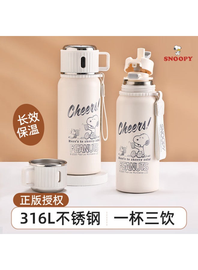 Snoopy 316l Stainless Steel Insulated Large Capacity Student Water Bottle Portable Car Straw Drinking Bottle White