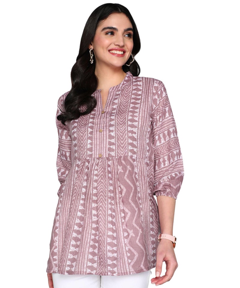 Stylistico Geometric Print Summer Cotton Tunic Western Everyday Regular Fit Full Sleeve v Neck Office Peplum Printed Long Tops for Women Latest Purple - Image 1