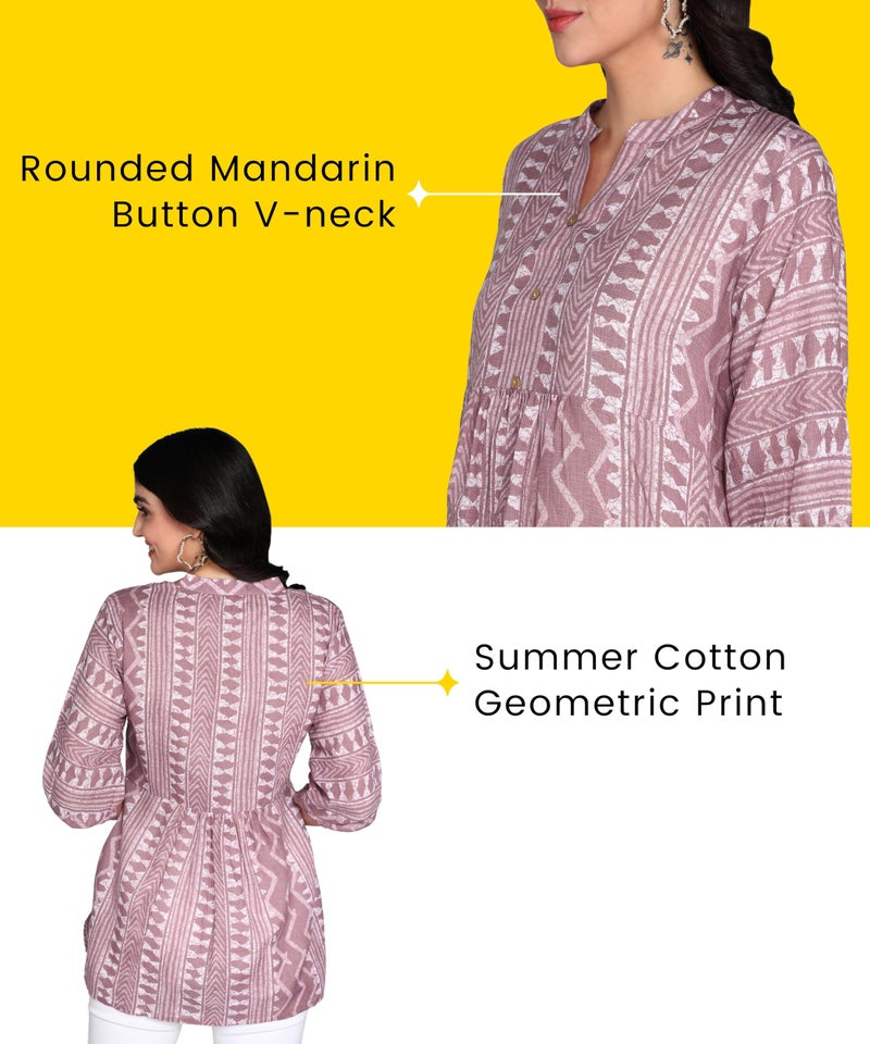 Stylistico Geometric Print Summer Cotton Tunic Western Everyday Regular Fit Full Sleeve v Neck Office Peplum Printed Long Tops for Women Latest Purple - Image 2