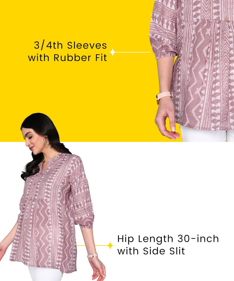 Stylistico Geometric Print Summer Cotton Tunic Western Everyday Regular Fit Full Sleeve v Neck Office Peplum Printed Long Tops for Women Latest Purple - Image 3