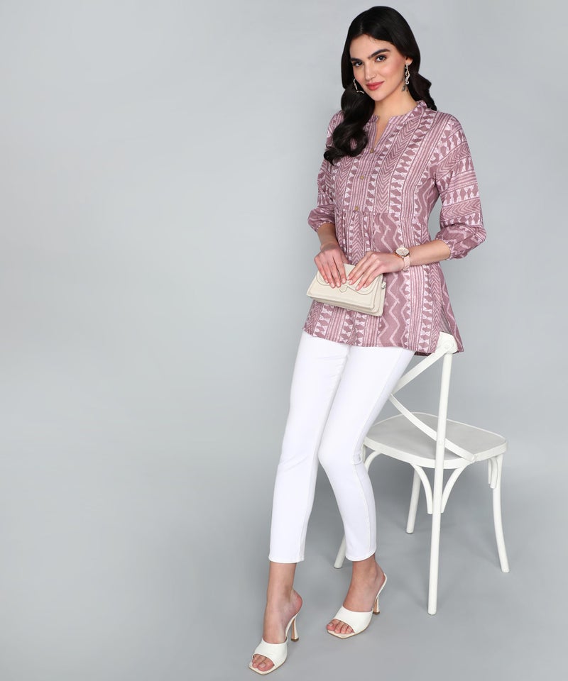 Stylistico Geometric Print Summer Cotton Tunic Western Everyday Regular Fit Full Sleeve v Neck Office Peplum Printed Long Tops for Women Latest Purple - Image 5