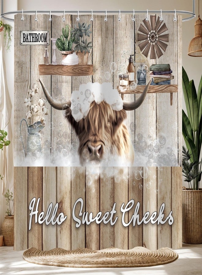 iTapnoom Funny Highland Cow Shower Curtain, Hello Sweet Cheeks Farmhouse Rustic Wood Bathroom Curtain Cute Animal Decor, Waterproof Washable Fabric 72x72 Inche - Image 2