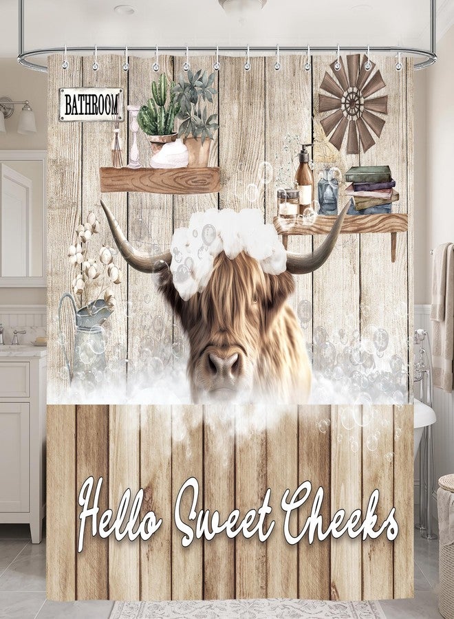 iTapnoom Funny Highland Cow Shower Curtain, Hello Sweet Cheeks Farmhouse Rustic Wood Bathroom Curtain Cute Animal Decor, Waterproof Washable Fabric 72x72 Inche - Image 1