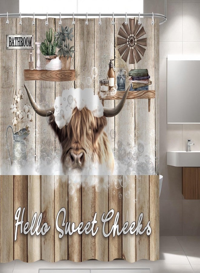 iTapnoom Funny Highland Cow Shower Curtain, Hello Sweet Cheeks Farmhouse Rustic Wood Bathroom Curtain Cute Animal Decor, Waterproof Washable Fabric 72x72 Inche - Image 4