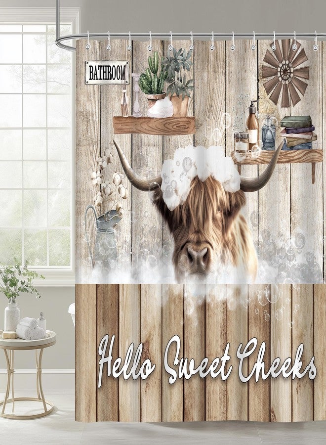 iTapnoom Funny Highland Cow Shower Curtain, Hello Sweet Cheeks Farmhouse Rustic Wood Bathroom Curtain Cute Animal Decor, Waterproof Washable Fabric 72x72 Inche - Image 3