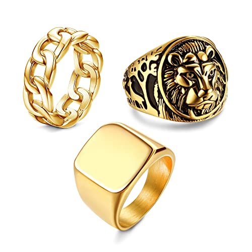 HANPABUM 3Pcs 14K Gold Plated Rings for Men Women Chunky Cuban Link Ring, Size 9 - Image 2