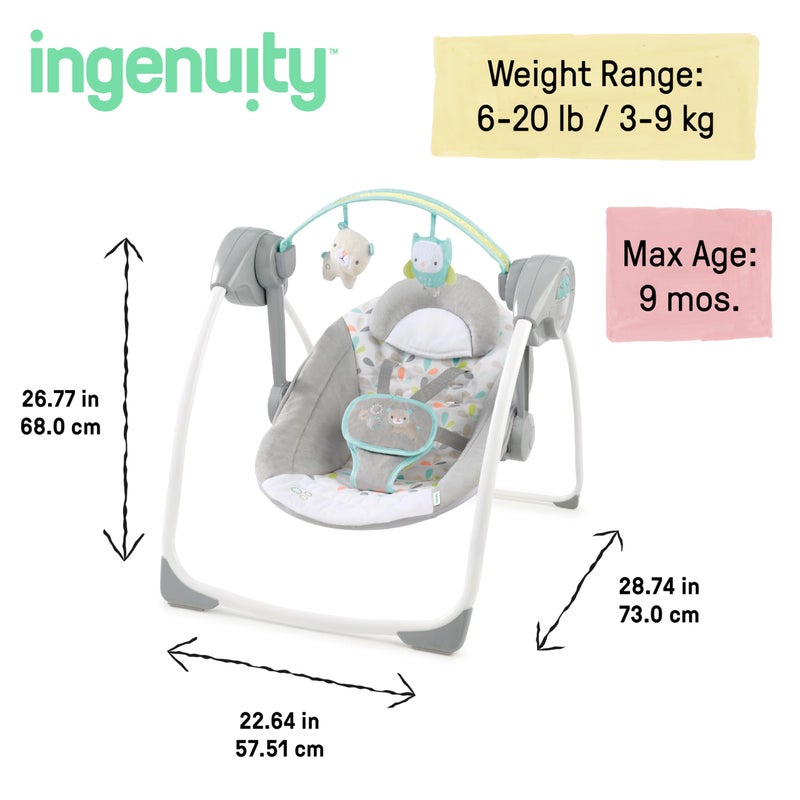 Ingenuity Comfort 2 Go Compact Portable 6-Speed Cushioned Baby Swing with Music, Folds Easy, 0-9 Months 6-20 lbs (Fanciful Forest) - Image 5