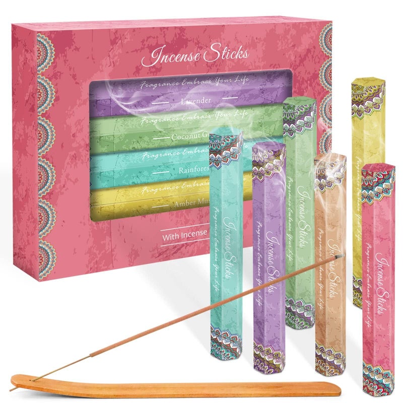 SCENTORINI Incense Sticks 6 x 40 gram Insencents Sticks Lavender Vanilla Rainforest Coconut Grove Musk Includes a Incense Holder in Box