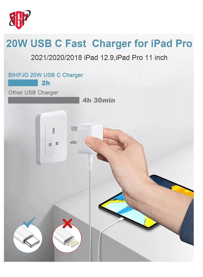 USB C charger and plug for ipad Pro, 20W Wall Fast Charger with 6.6FT USB C Fast Charging Cable Compatible for iPad Pro 12.9 5/4/3 Gen iPad Pro 11 3/2/1 Gen iPad Air 5,Galaxy S22/Note20