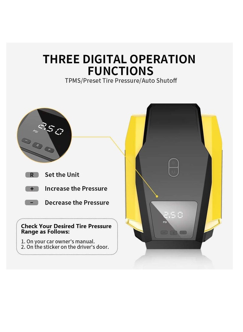 Excefore Tire Inflator Portable Air Compressor Air Pump for Car Tires up to 50 PSI 12V DC Tire Pump for Bikes up to 150 PSI w LED Light Digital Pressure Gauge Model ATJ-1166 Yellow VL701  - Image 5