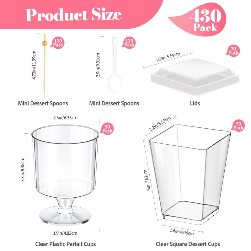 Fracurs 430 Pack Clear Dessert Cups Set with Spoons & Cocktail Picks, 5OZ Round Shooters Cups For Party, Mini Plastic Parfait Cups with Lids for Ice Cream Cake Pudding Fruit Yogurt Jello Appetizer Cup - Image 2