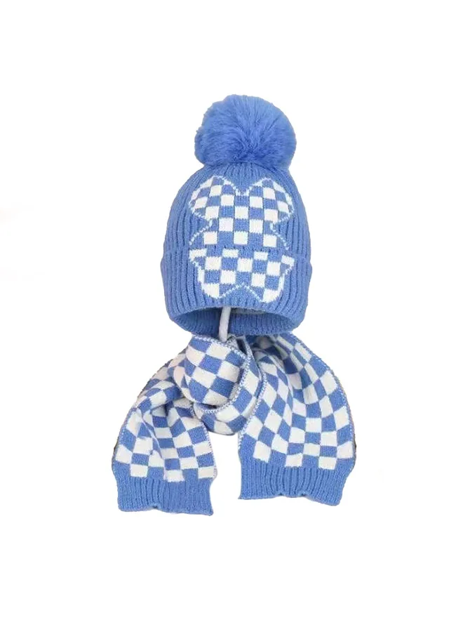 LITTLE SURPRISE BOX Blue Checkered Winter Cap Beanie & matching Neck Muffler 2pcs Set