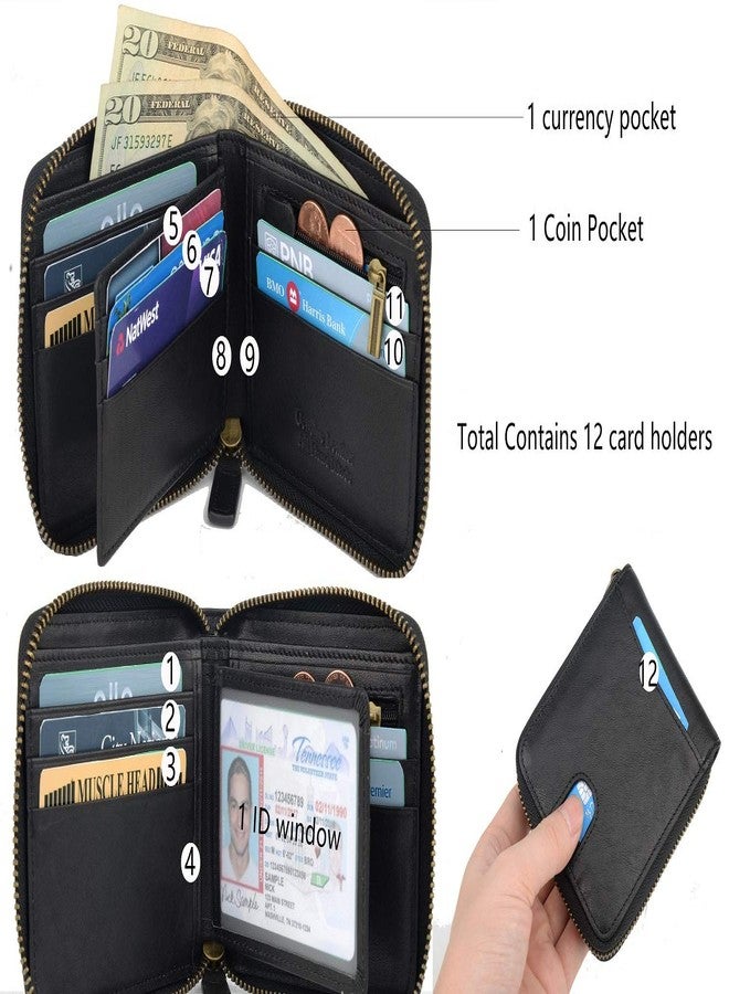 Blukey Genuine Leather Zipper Wallet With Coin Pocket, RFID Blocking Zip Around Front Pocket Bifold Wallet, Gift for Men (Black) - Image 5