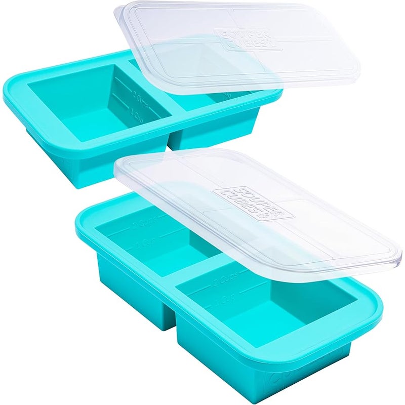 2 Cup Silicone Freezer Tray With Lid - Easy Meal Prep Container and Kitchen Storage Solution - Silicone Mold for Soup and Food Storage - Aqua - 2-Pack | 100% Platinum-Cured Silicone Freezer Meal Prep Containers, Oven & Microwave Safe, Lasagna, Stews, Pasta, Leftovers & More