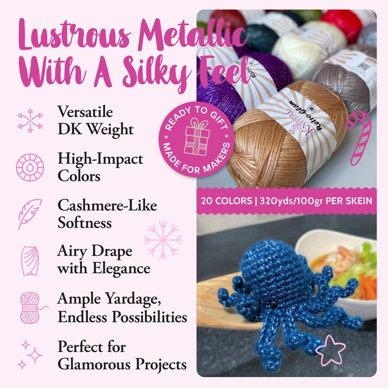 KnitPal Retro-Glam Metallic Yarn for Crocheting, 4-Pack (1280Yds / 400G), Free Patterns - Sparkle Yarn for Knitting - 3 DK Light Worsted Weight - Teal Blue - Image 2