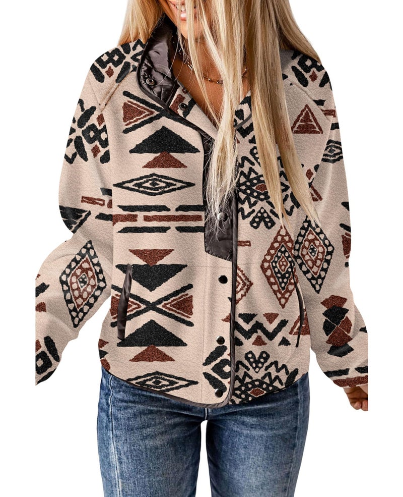 SELINK Womens Fleece Jacket Western Aztec Print Long Sleeve Snap Button Down Shacket Jackets with Pockets Deep Khaki-M - Image 1