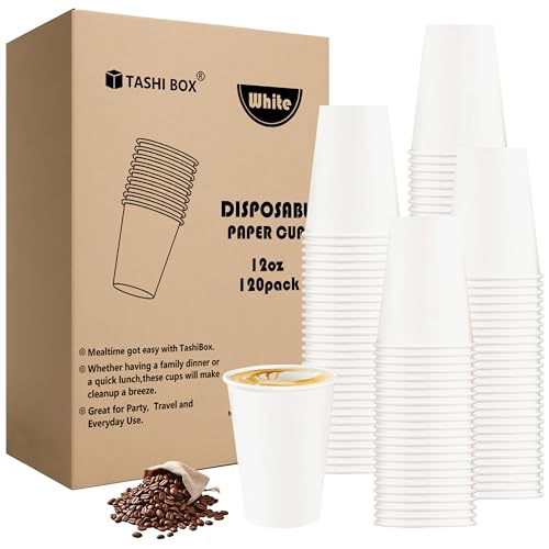TashiBox 12 oz White Hot Drink Paper Cups - 120 Count - Disposable Paper Coffee Cups - Image 1