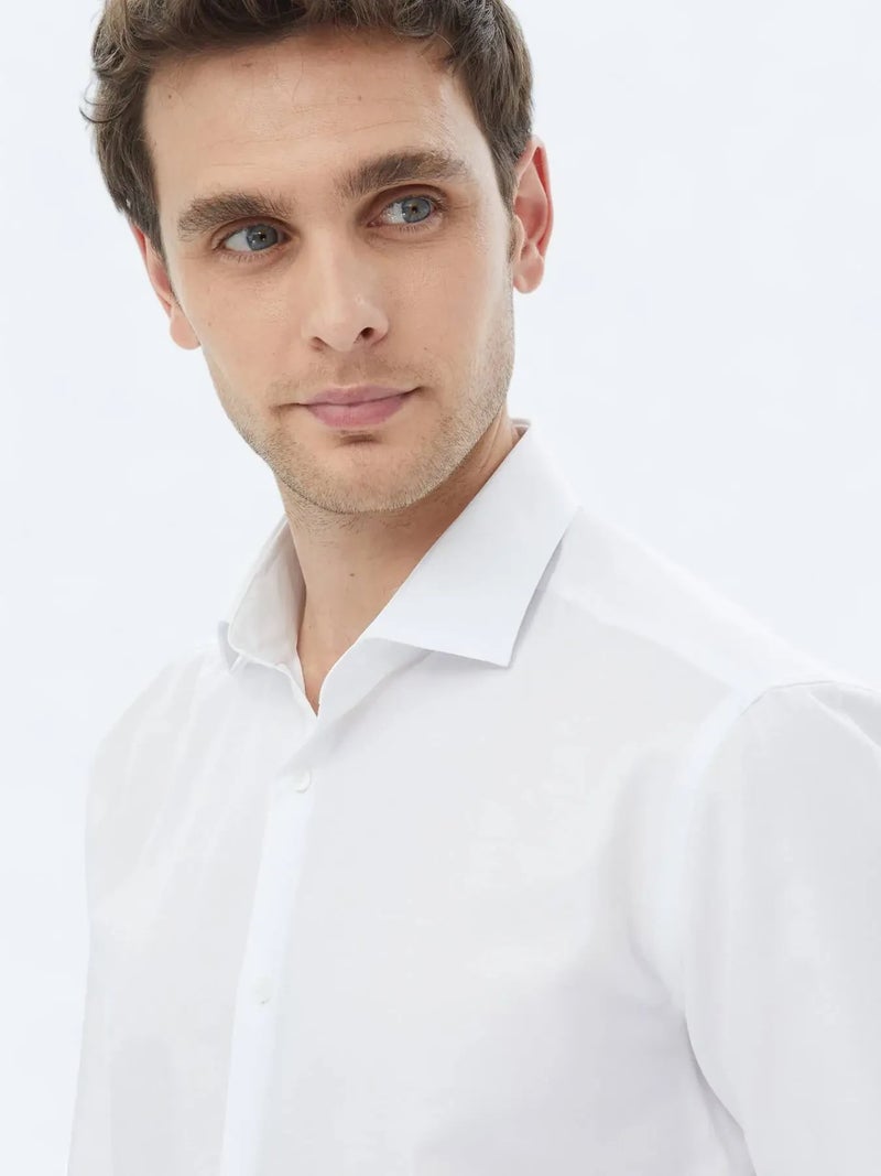 Kip White Plain Regular Fit Weaving Classical Cotton Blended Shirt - Image 4